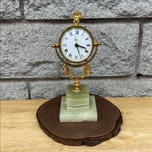 Elegant Vintage Ritz Gold and Green Onyx Marble Table Clock